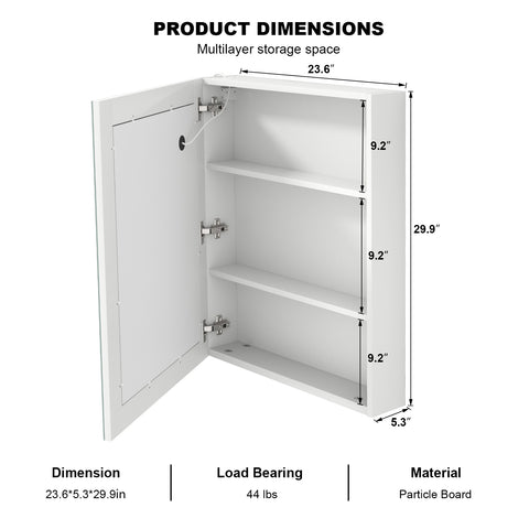 Mepplzian Bathroom LED Mirrored Medicine Cabinet Lighted Medicine Cabinet Wall Mounted Mirror Cabinet with 3 Storage Shelf Medicine Cabinet with Led Lights and Defogger,23.6x29.9Inch