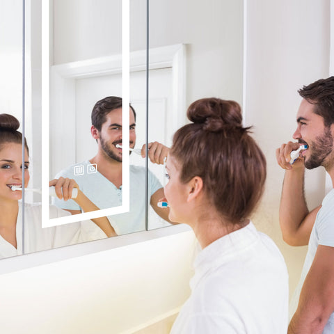 Bathroom Medicine Cabinet with Lights, 31.5×31.5 Inch LED Medicine Cabinet with Mirror, Three Door Lighted Medicine Cabinet with Defogger, Dimmer,Smart Touch Sensor Controls,3 Separate Storage Spaces