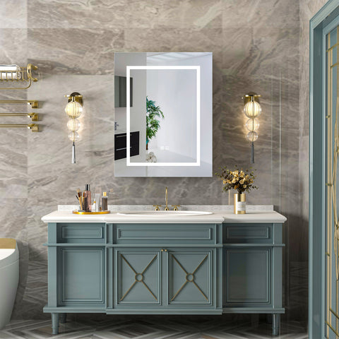 Mepplzian Bathroom LED Mirrored Medicine Cabinet Lighted Medicine Cabinet Wall Mounted Mirror Cabinet with 3 Storage Shelf Medicine Cabinet with Led Lights and Defogger,23.6x29.9Inch