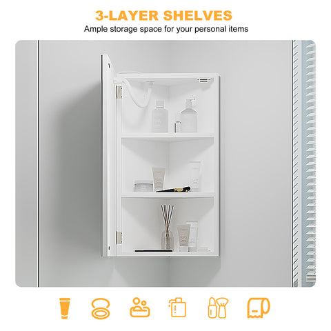 Mepplzian Corner Medicine Cabinet Mirror with Lights,Lighted Medicine Cabinet with Mirror,Led Medicine Cabinet Mirror for Bathroom,14 * 24 in Wooden Small Corner Wall Cabinet,White