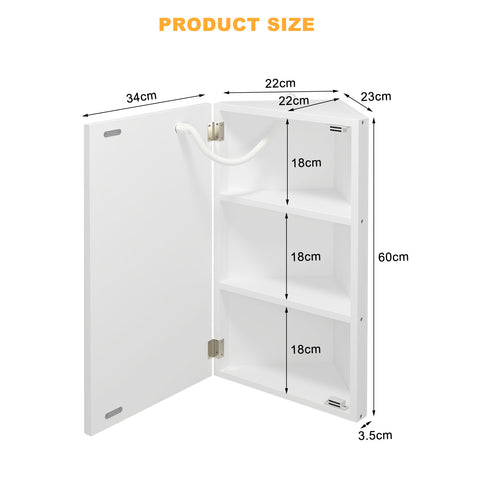 Mepplzian Corner Medicine Cabinet Mirror with Lights,Lighted Medicine Cabinet with Mirror,Led Medicine Cabinet Mirror for Bathroom,14 * 24 in Wooden Small Corner Wall Cabinet,White