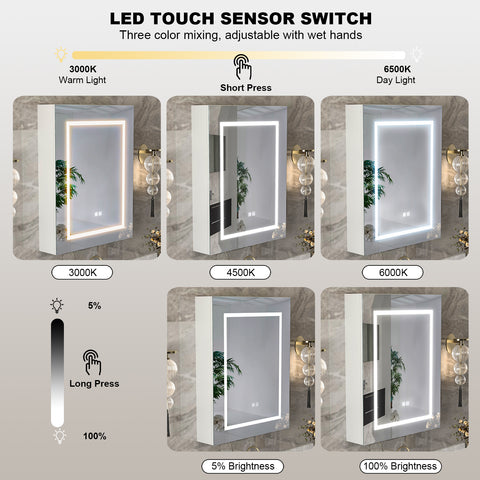Mepplzian Bathroom LED Mirrored Medicine Cabinet Lighted Medicine Cabinet Wall Mounted Mirror Cabinet with 3 Storage Shelf Medicine Cabinet with Led Lights and Defogger,23.6x29.9Inch