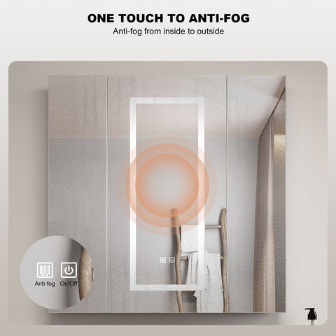 Bathroom Medicine Cabinet with Lights, 31.5×31.5 Inch LED Medicine Cabinet with Mirror, Three Door Lighted Medicine Cabinet with Defogger, Dimmer,Smart Touch Sensor Controls,3 Separate Storage Spaces