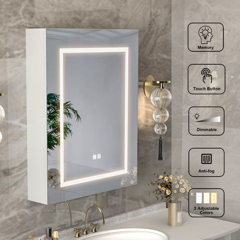 Mepplzian Bathroom LED Mirrored Medicine Cabinet Lighted Medicine Cabinet Wall Mounted Mirror Cabinet with 3 Storage Shelf Medicine Cabinet with Led Lights and Defogger,23.6x29.9Inch