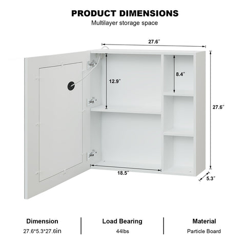 Led Medicine Cabinets with Storage,28X28Inch Bathroom Mirror Cabinet with 3 Light Adjustable Illuminated Wall Mounted Recessed Medicine Cabinet with Defogger Botiquin para Baño